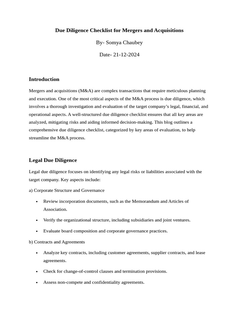 Due Diligence Checklist For Mergers and Acquisitions | PDF | Due ...