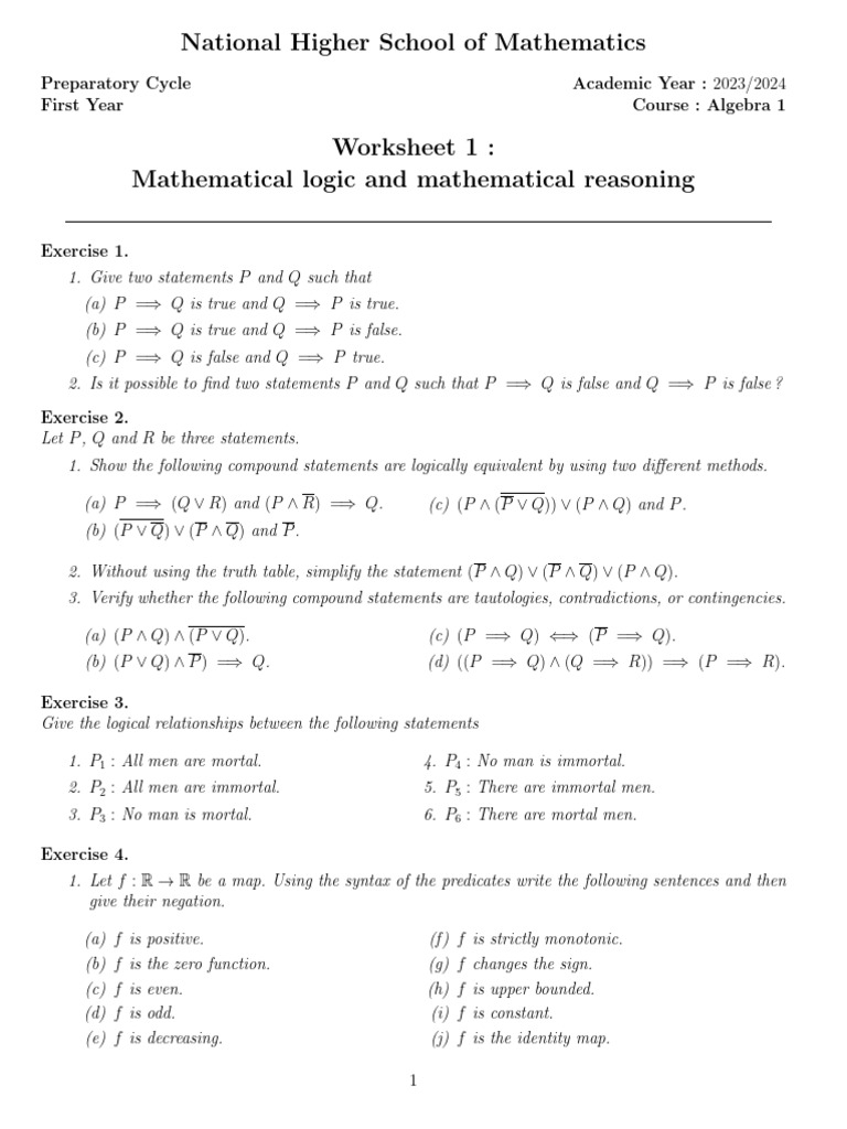 Algebra 1: Logic and Reasoning Exercises | PDF | Real Number ...