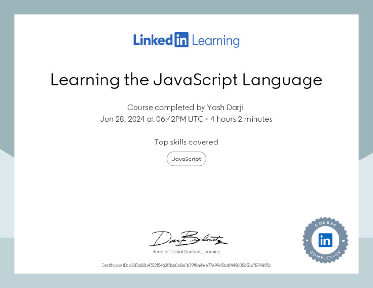 JavaScript Language Course Completion | PDF