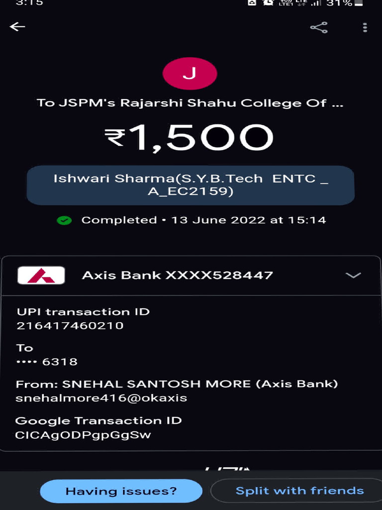 Axis Bank XXXX528447: Ishwari Sharma (S.Y.B.Tech ENTC | PDF