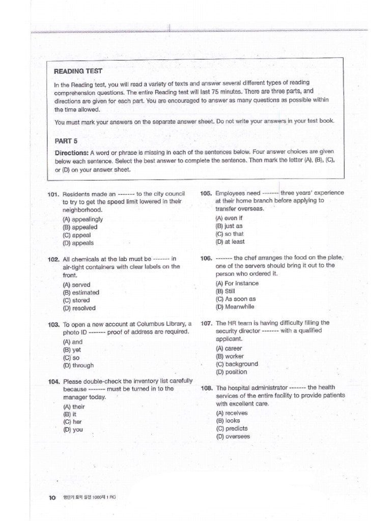 10 part 5 Toeic Reading bộ Xanh Cam gồm đề và đáp án | PDF