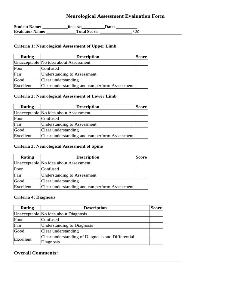 Neuro Assessment Evaluation Form | PDF