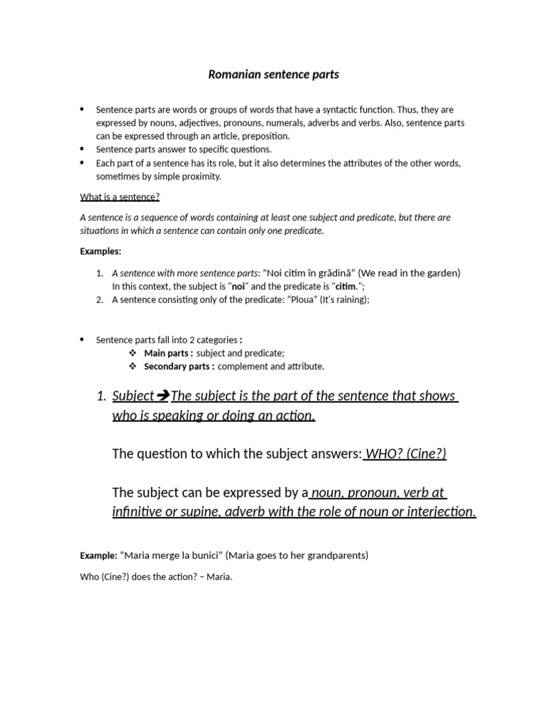 Romanian Sentence Parts Explained | PDF | Subject (Grammar) | Predicate ...