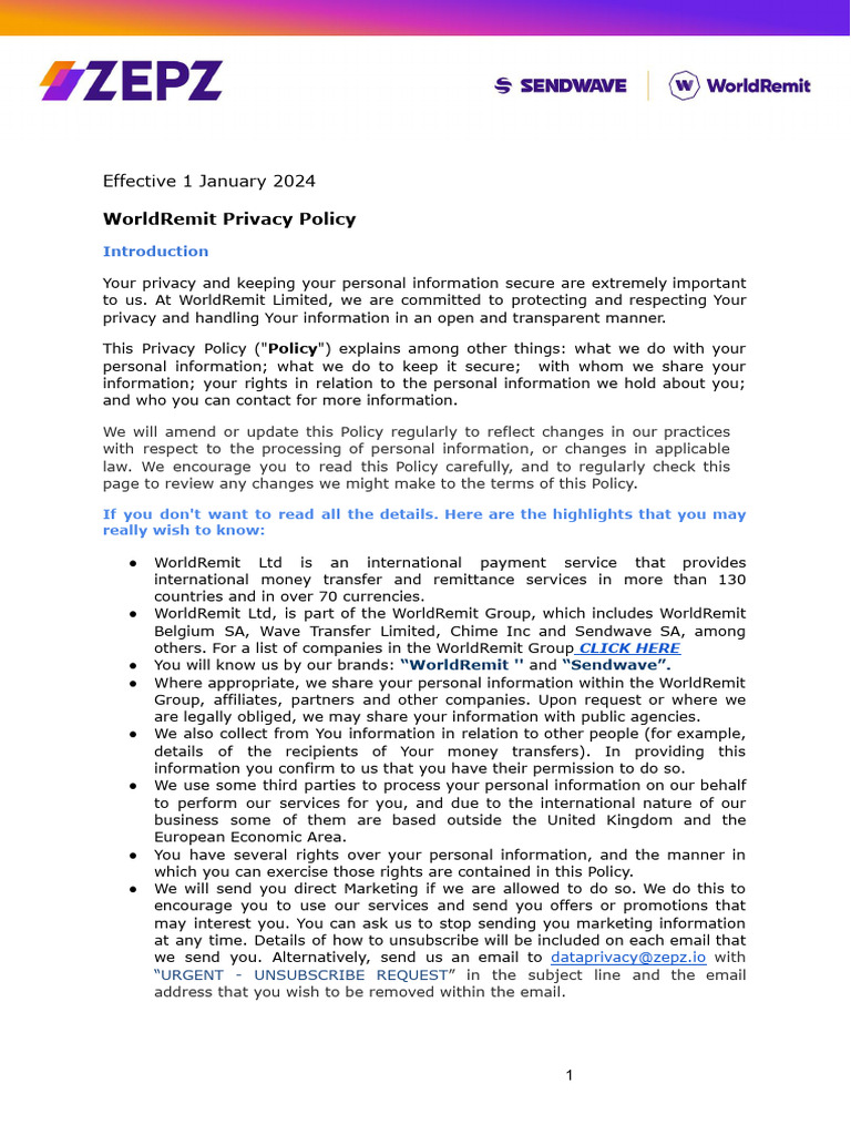 WorldRemit Privacy Policy Overview | PDF | Http Cookie | Facebook