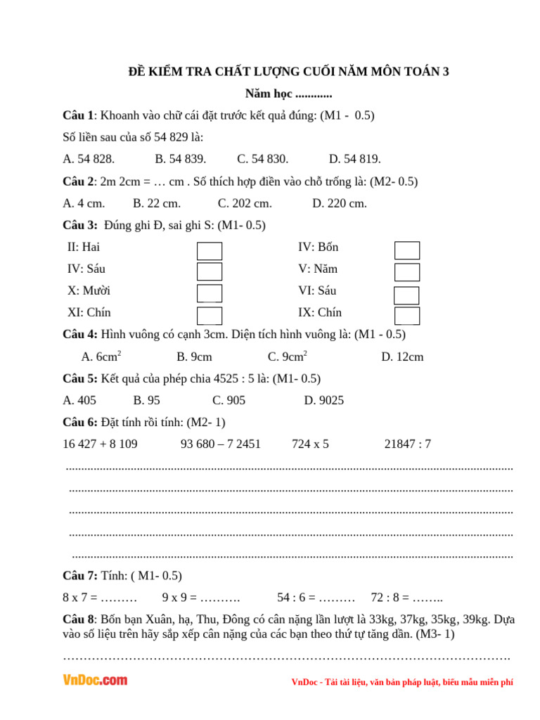 De Thi Hoc Ki 2 Mon Toan Lop 3 Co Bang Ma Tran de Thi | PDF