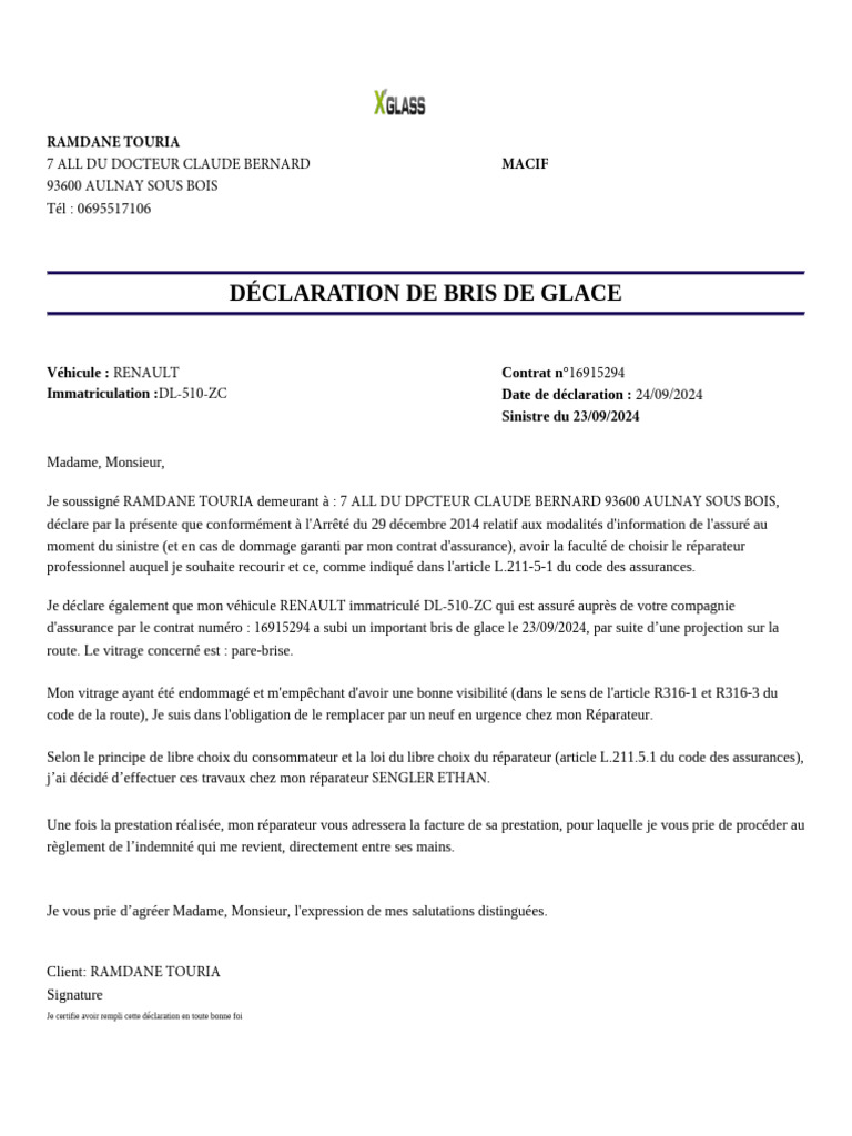 Cession de créance pour bris de glace | PDF | Assurance | Facture