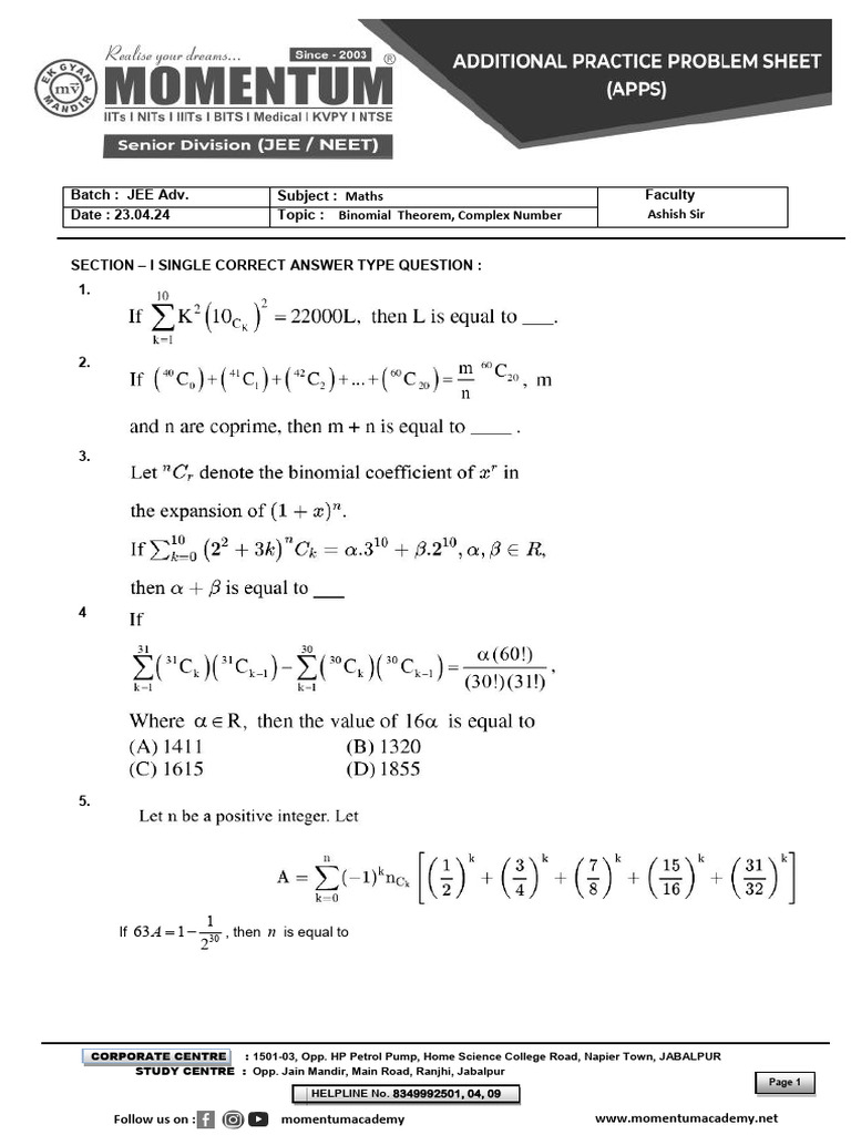 JEE Advanced Maths Practice Questions | PDF | Complex Number | Numbers