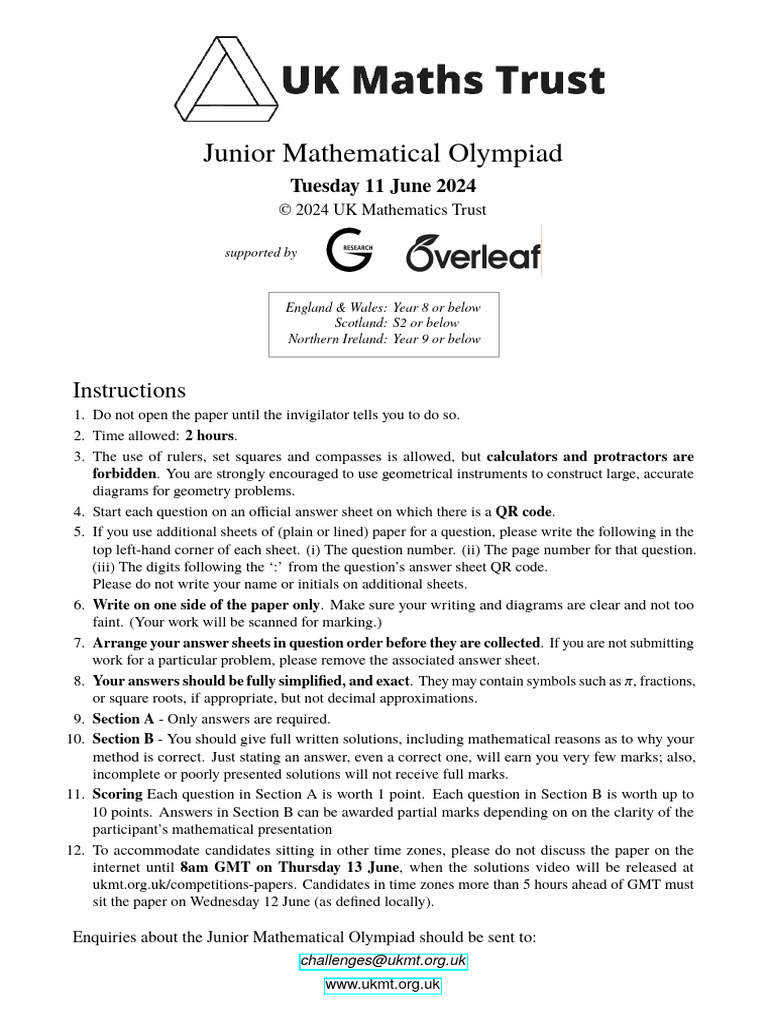 Junior Mathematical Olympiad 2024 Paper | PDF | Triangle | Area