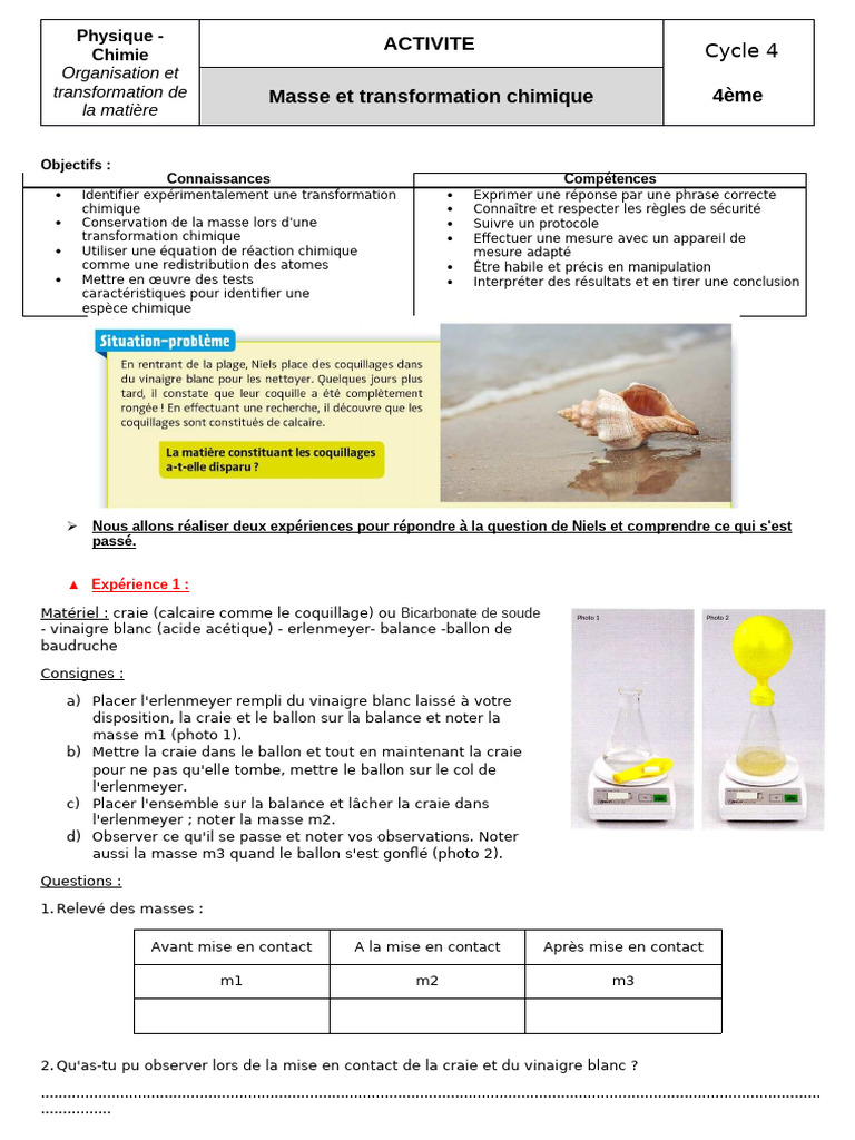 Conservation de la masse en chimie 4ème | PDF | Chimie | Masse