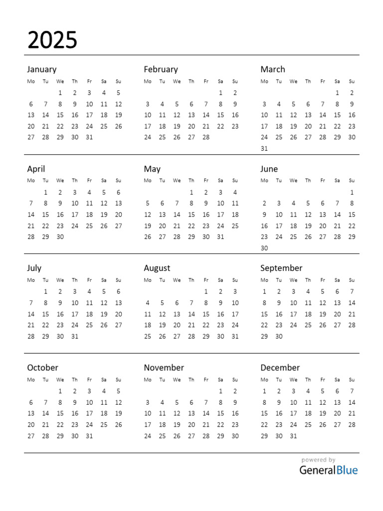 2025 Calendar Printable Portrait Monday Start PDF