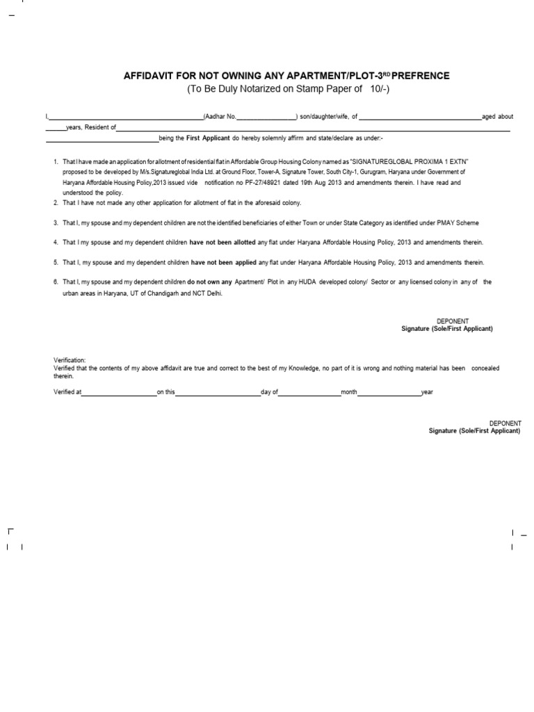 Affidavit For Not Owning Any Apartment Plot-3rd Prefrence | PDF ...