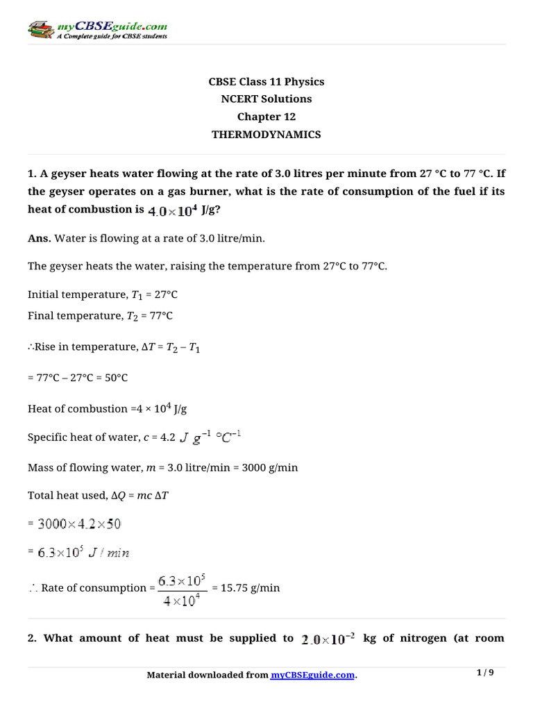 CBSE Class 11 Physics Thermodynamics Solutions | PDF | Heat | Gases