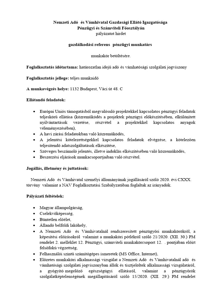 59 - Pályázat Gazdálkodási Referens Pénzügyi Munkatárs Munkakör ...