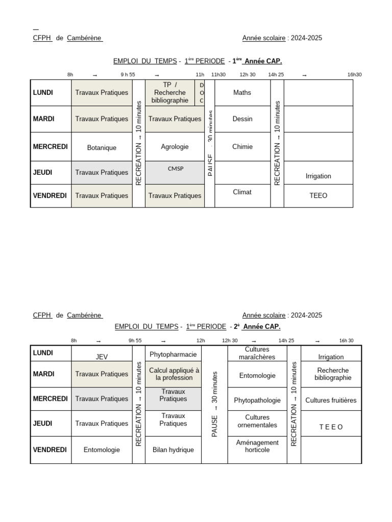 Emploi du temps 2024-2025 CFPH Cambérène | PDF | Botanique | Sciences ...