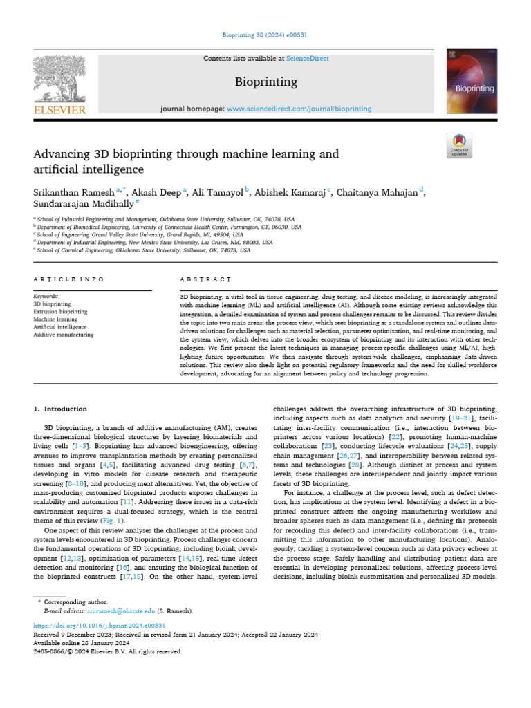Advancing 3D Bioprinting Through Machine Learning and Artificial ...