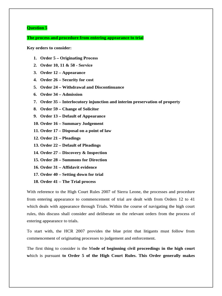 High Court Procedure: Appearance to Trial | PDF | Default Judgment ...
