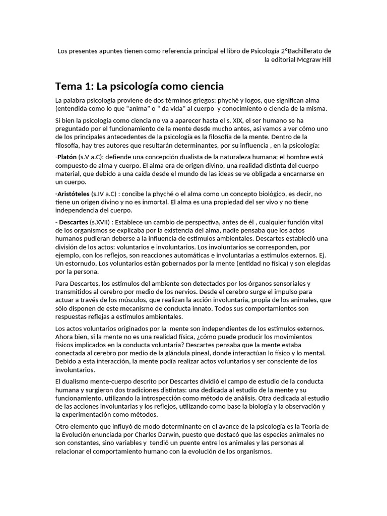 Apuntes Psicología Tema 1 | PDF | Sicología | Mente
