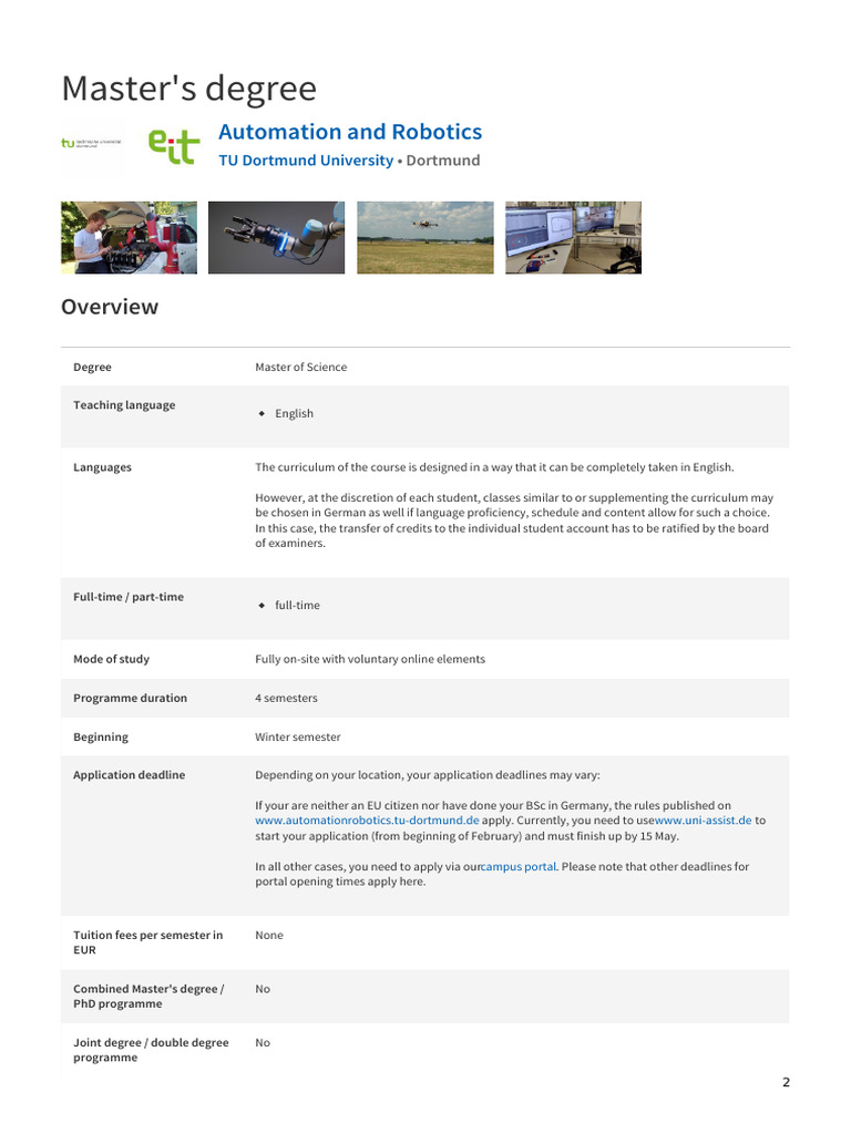 Master's in Automation & Robotics | PDF | Cost Of Living | Academic Degree