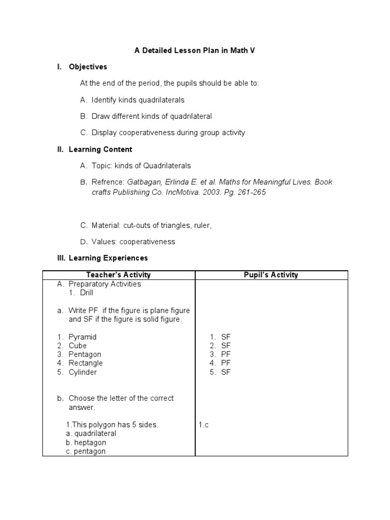 A Detailed Lesson Plan in Math v. 2 | PDF | Rectangle | Elementary Geometry