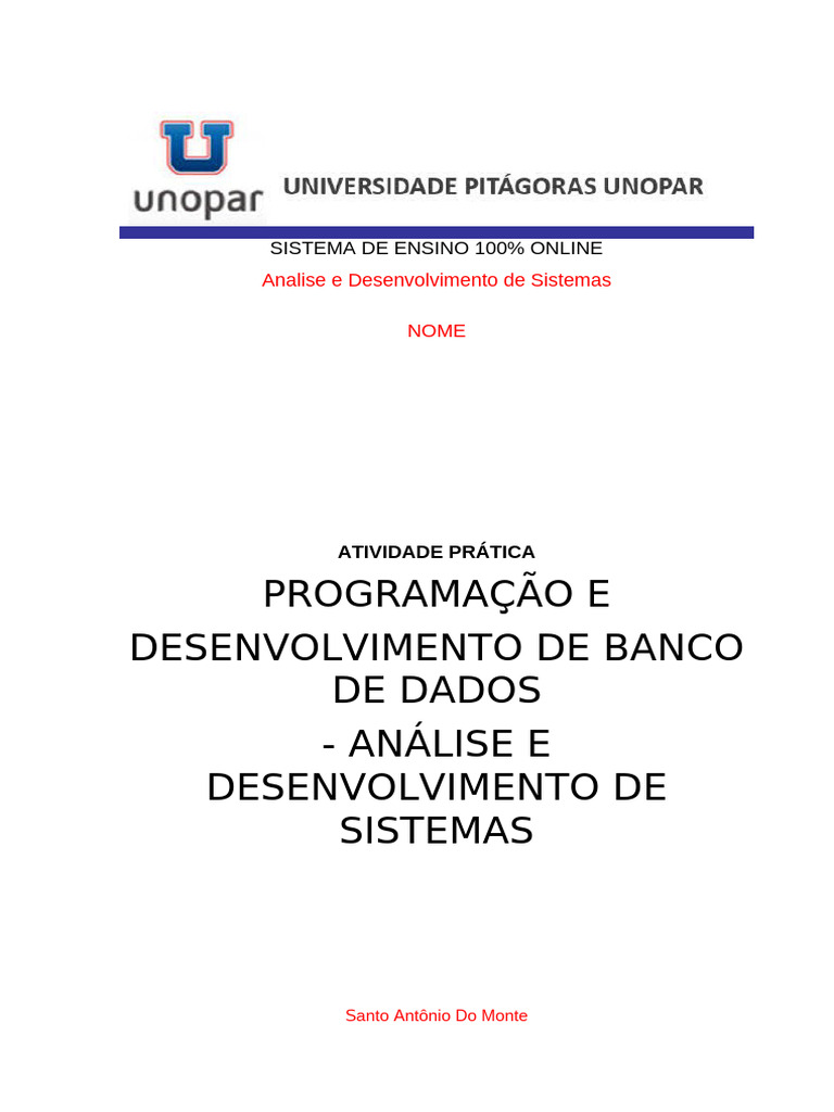 UNOPAR - Programação e Desenvolvimento de Banco de Dados | PDF | SQL ...