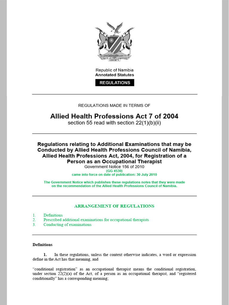 Allied Health Professions Act 7 of 2004-Regulations 2010-156 | PDF ...