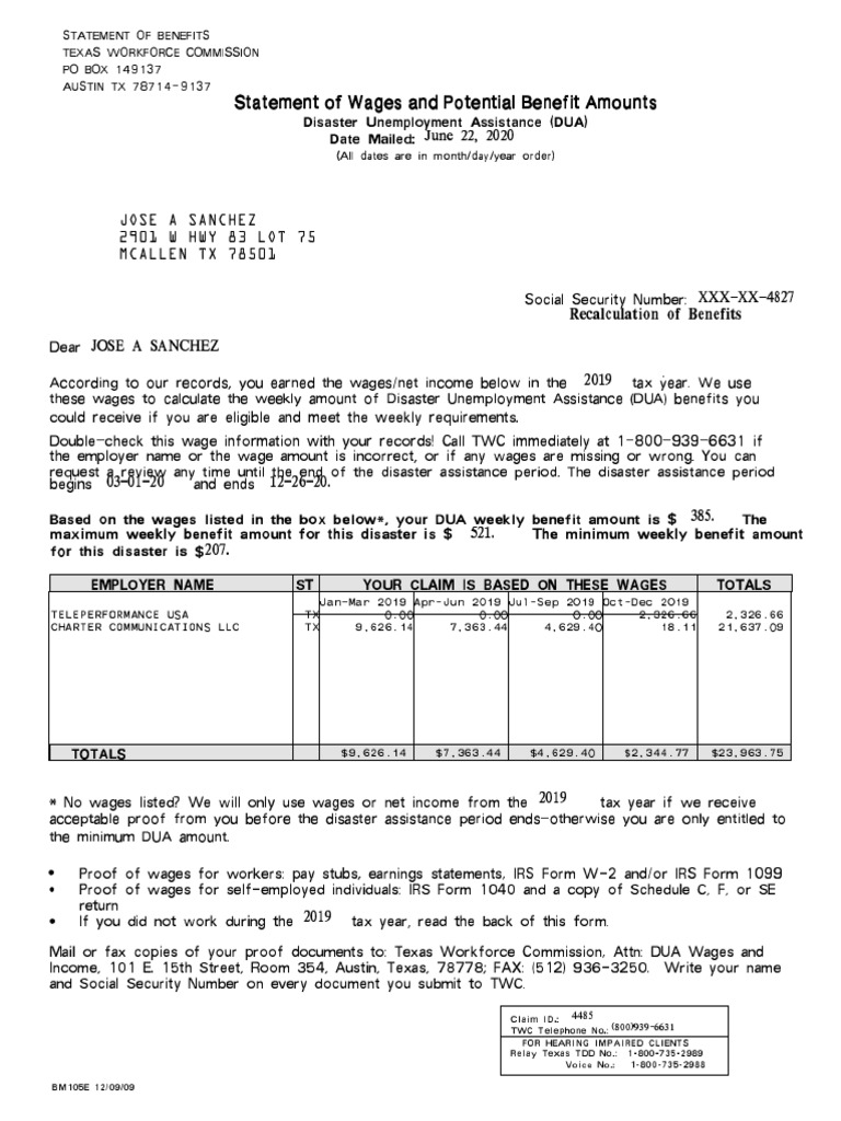 Texas DUA Wage Statement and Benefits | PDF | Irs Tax Forms | Employment