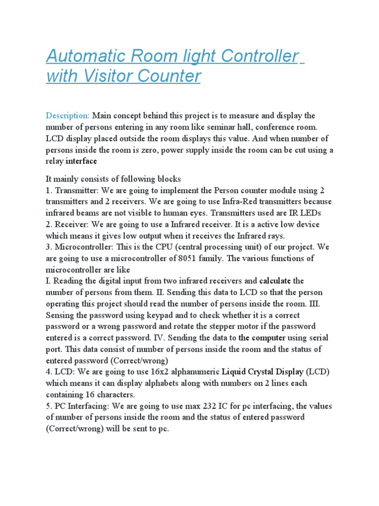Automatic Room Light Controller With Visitor Counter: Description | PDF ...