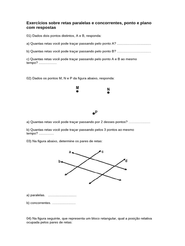 Exercícios sobre Ponto, Reta e Plano | PDF | Linha (Geometria ...