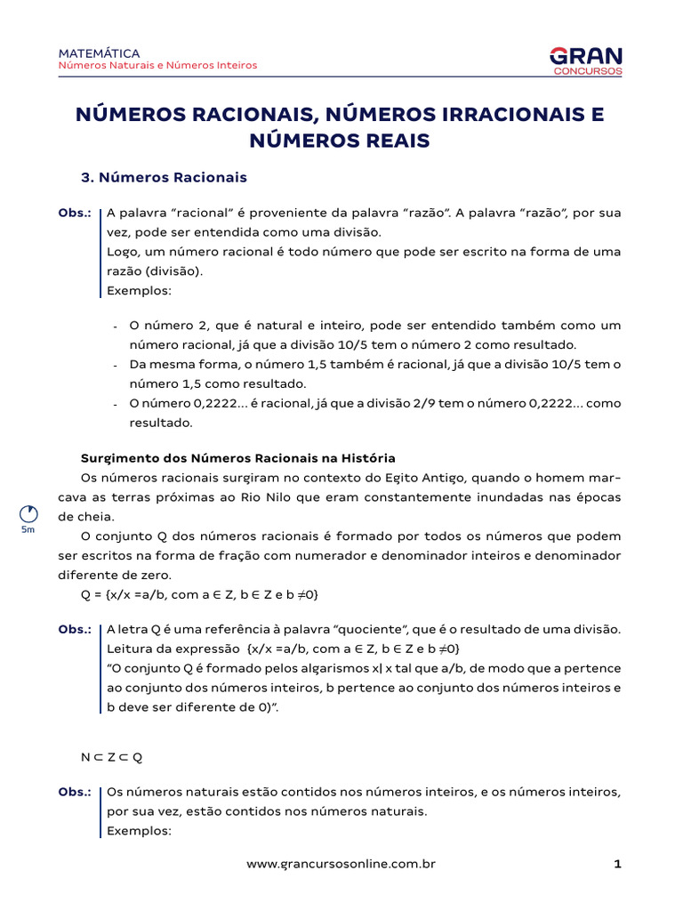Números Racionais e Irracionais: Definições e Exemplos | PDF | Número ...