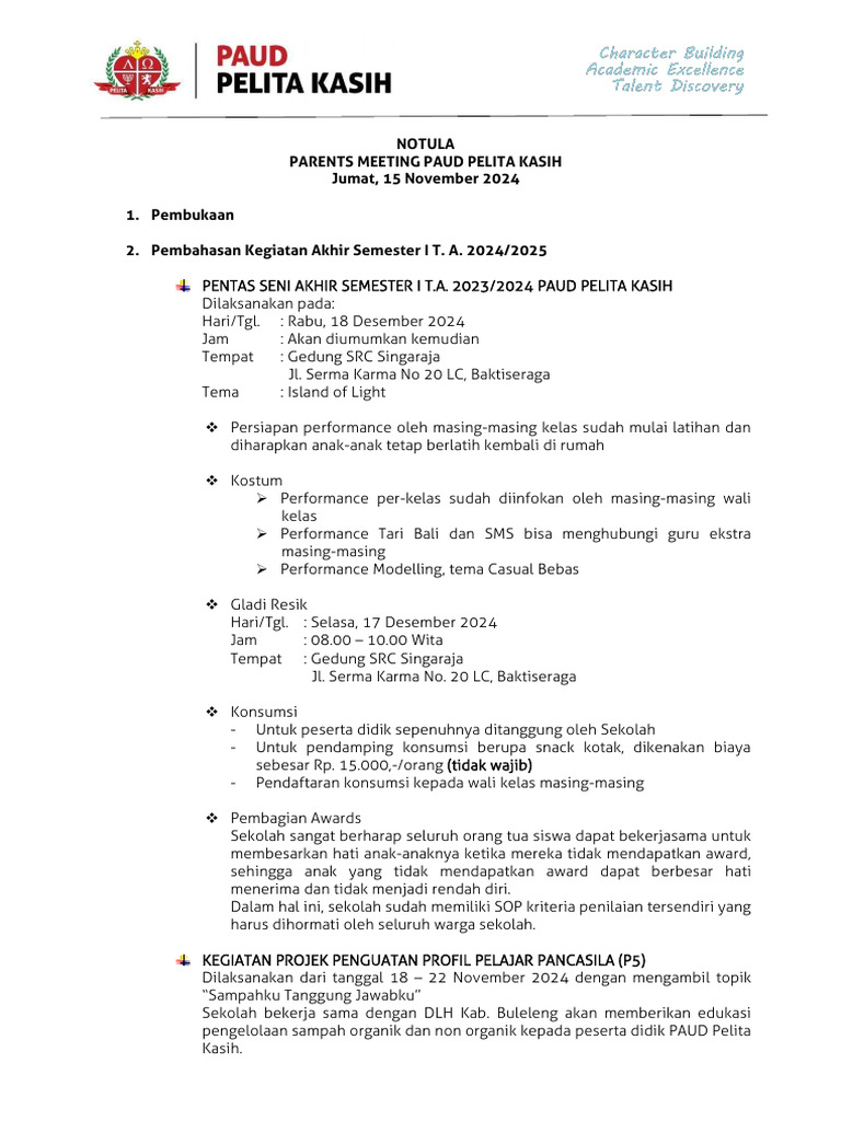Notula Parents Meeting 15 Nov 24 | PDF
