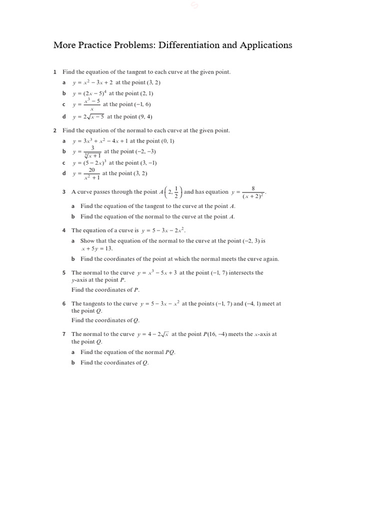 More Practice Problems Differentiation and Applications | PDF | Tangent ...