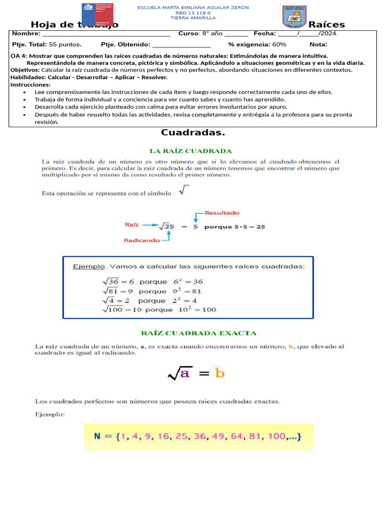 Hoja De Trabajo Raices Cuadradas Benigna Gómez 8 A Pdf Raíz