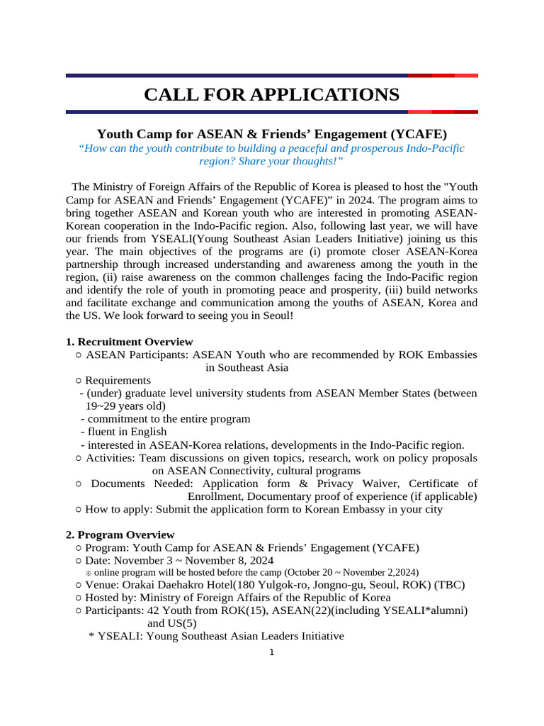 YCAFE 2024: Youth Camp Applications | PDF | South Korea | World Politics