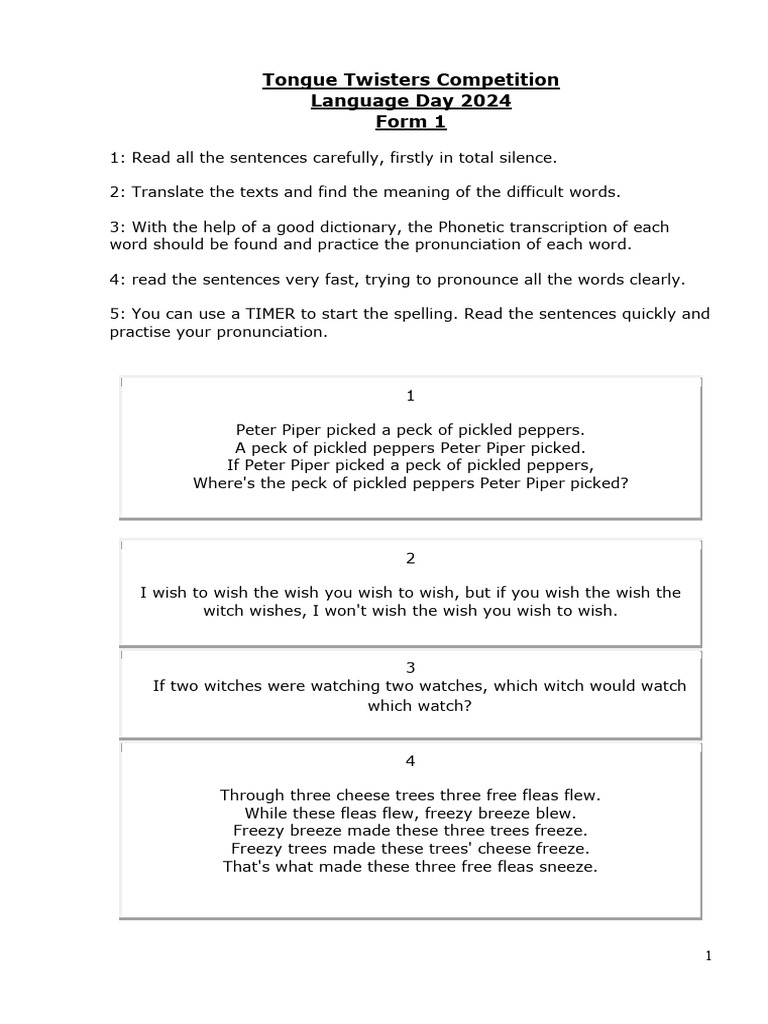 Form 1 Tongue Twisters Pdf