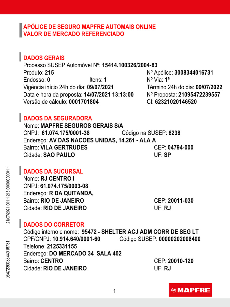 Apólice de Seguro Automóvel MAPFRE 2021 | PDF | Seguro | Direito Civil ...