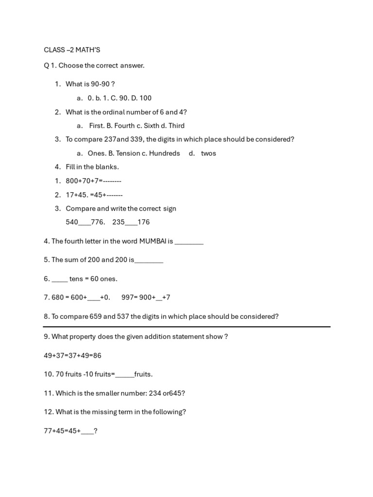 Class 2 Math Quiz Questions | PDF