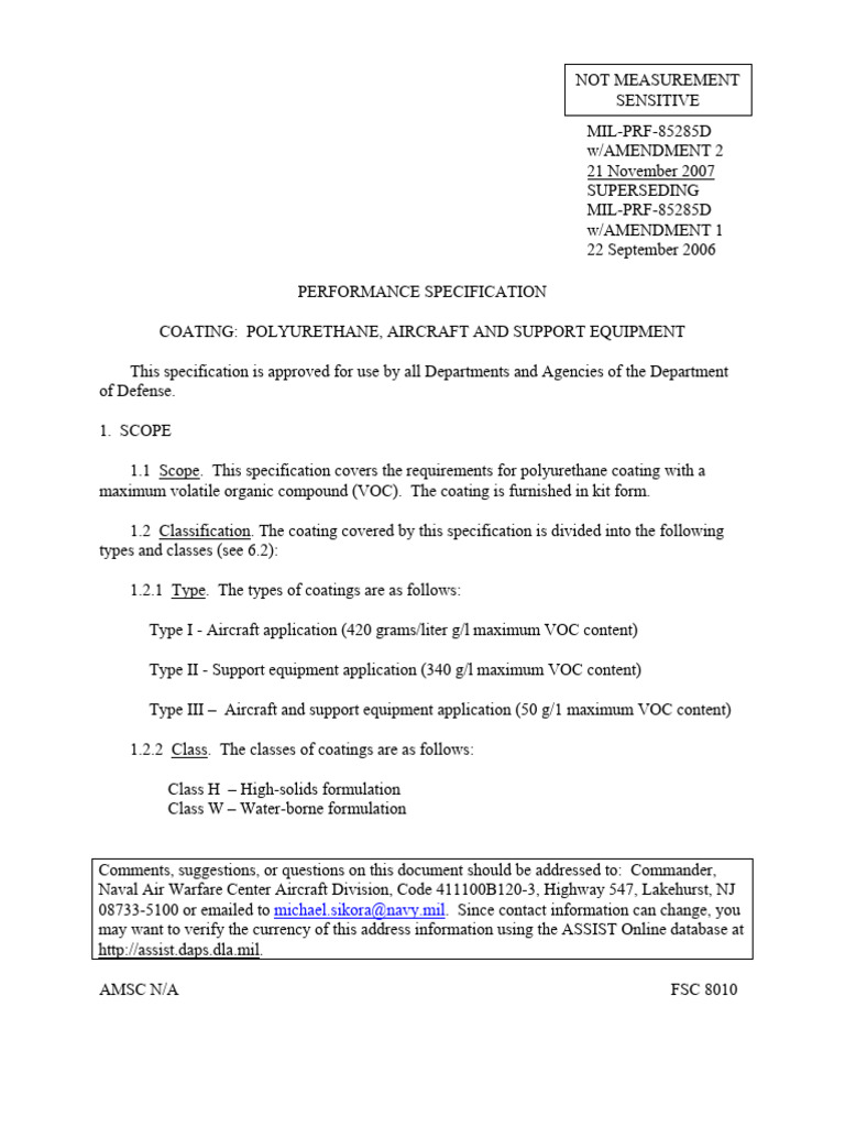 Image showcasing Mil PRF 85285D - Amendment 2 | PDF | Paint | Specification (Technical ...