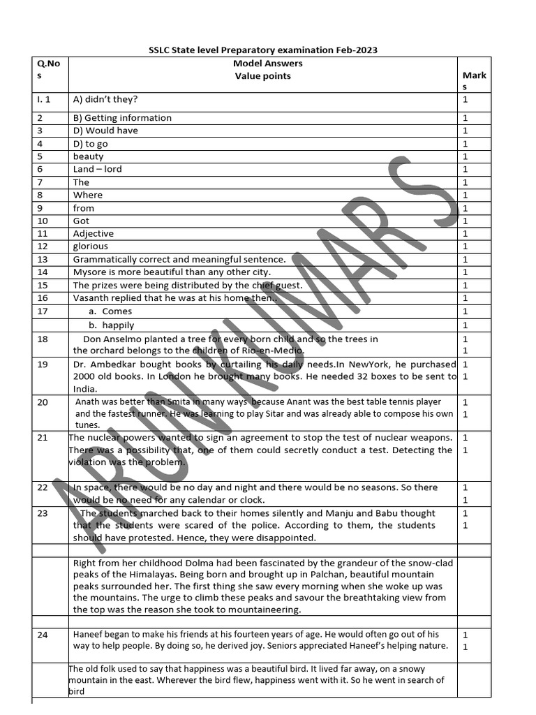 10th STD SL English State Level Preparatory Exam Key Answers 2023 by ...