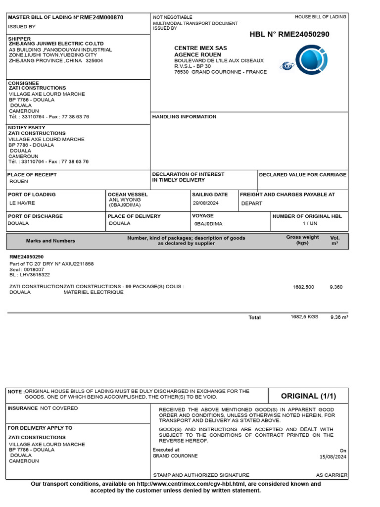Cen Mar HBL House Rme24050290 1668240 | PDF | Bill Of Lading | Cargo