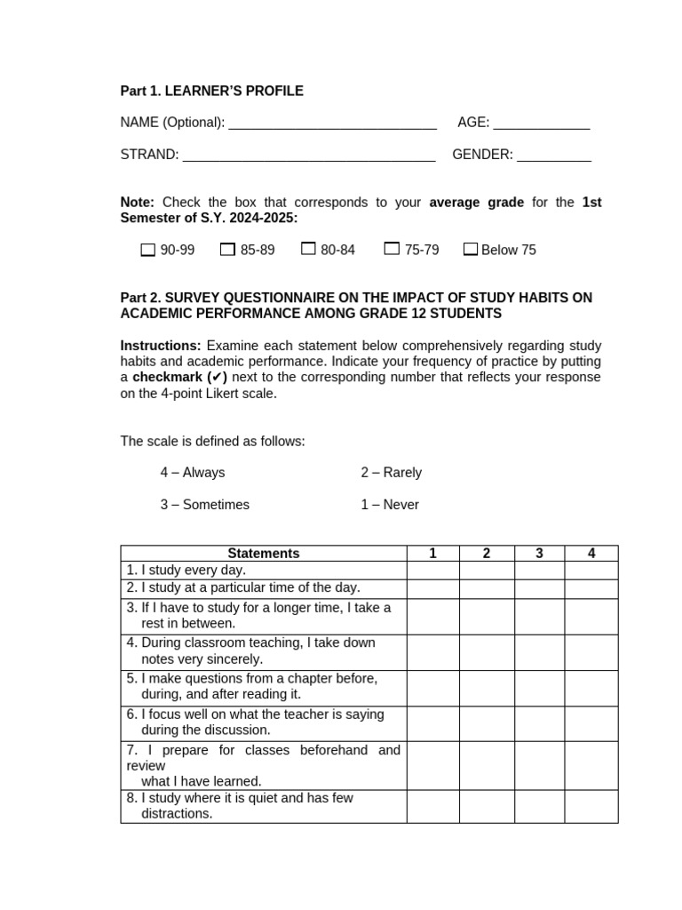 Study Habits Survey for Grade 12 Students | PDF | Education Theory ...