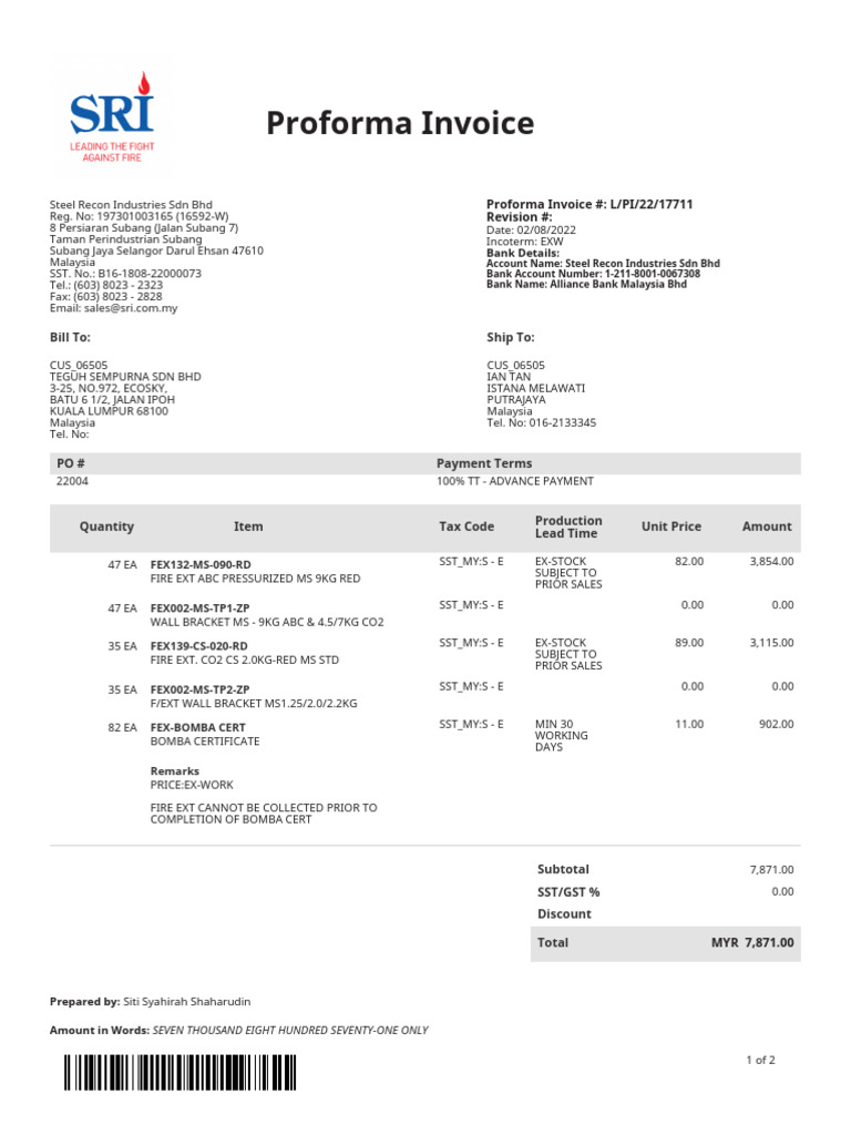 Proforma Invoice for Fire Extinguishers | PDF | Invoice | Payments