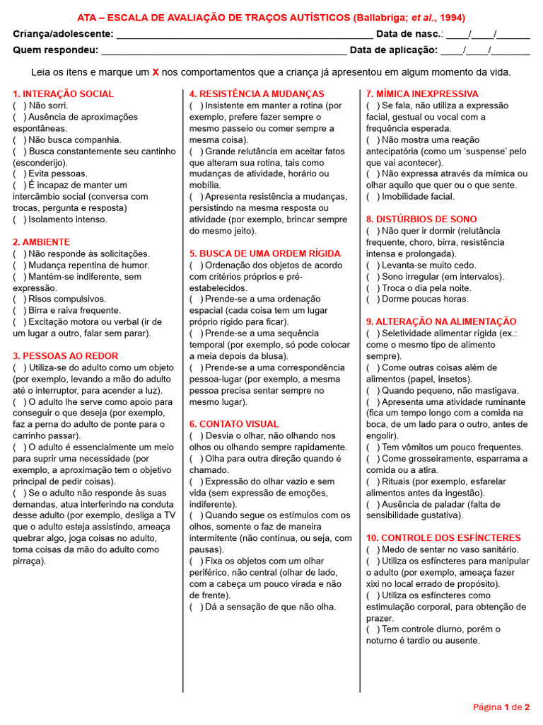 Escala ATA de Traços Autísticos | PDF | Aprendizado | Dormir