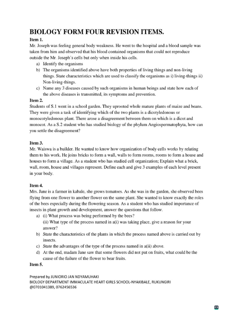 Biology o Level Revision Items by Juniorio Jan Ndyamuhaki (2) - 1 | PDF