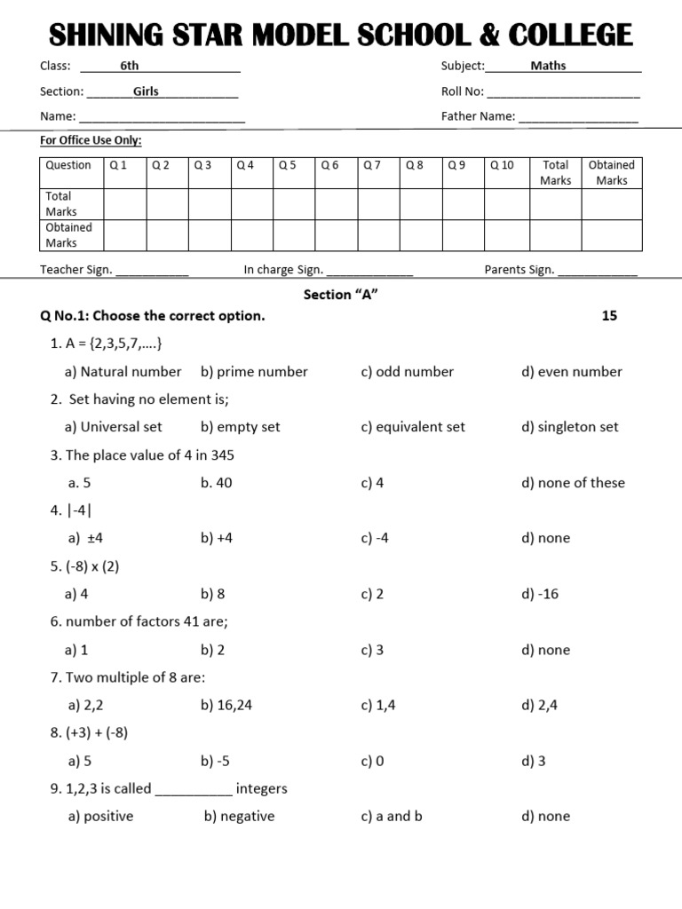 Class 6th Girls Paper Maths | PDF | Numbers | Discrete Mathematics
