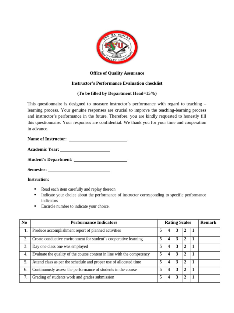 Instructor Performance Evaluation Checklist | PDF | Curriculum | Learning