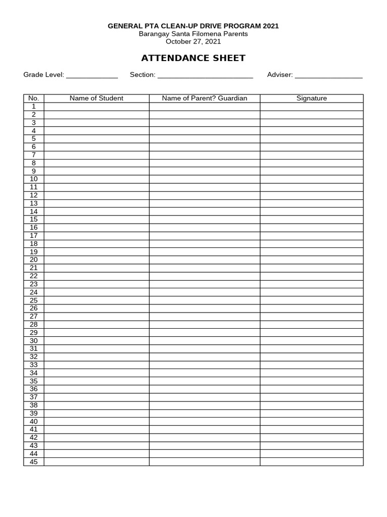 Gen Pta Clean Up - Attendance Sheet | PDF