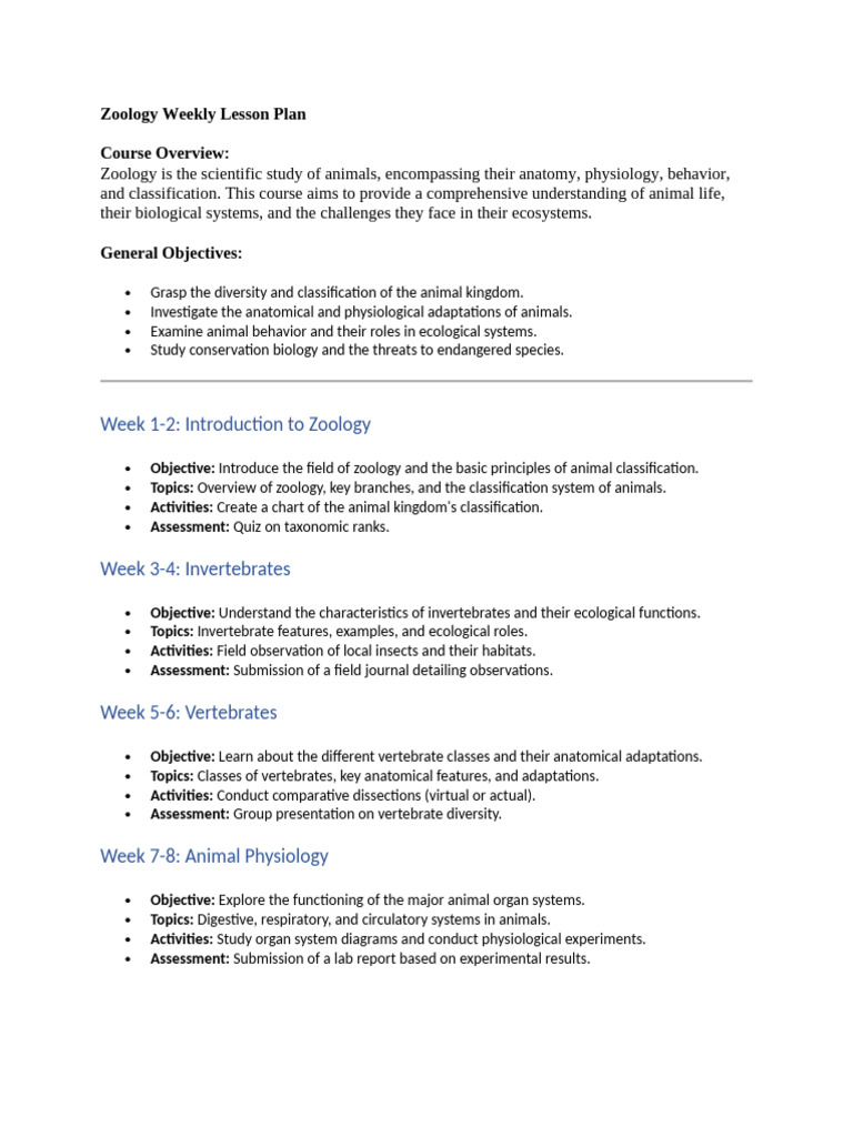 Weekly Zoology Lesson Plan | PDF | Zoology | Taxonomy (Biology)