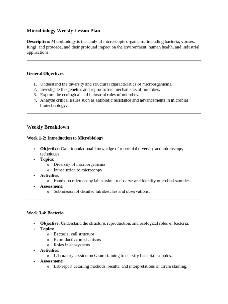 Microbiology Weekly Lesson Plan | PDF | Microbiology | Microorganism
