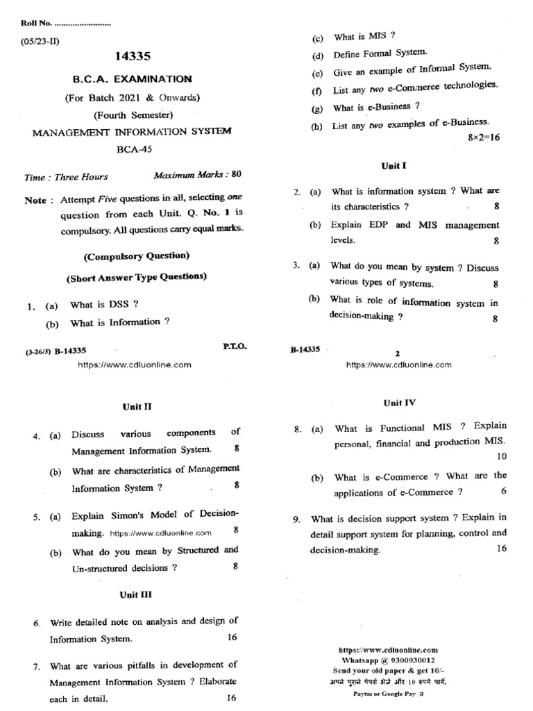 Bca 4 Sem Management Information System 14335 May 2023 | PDF