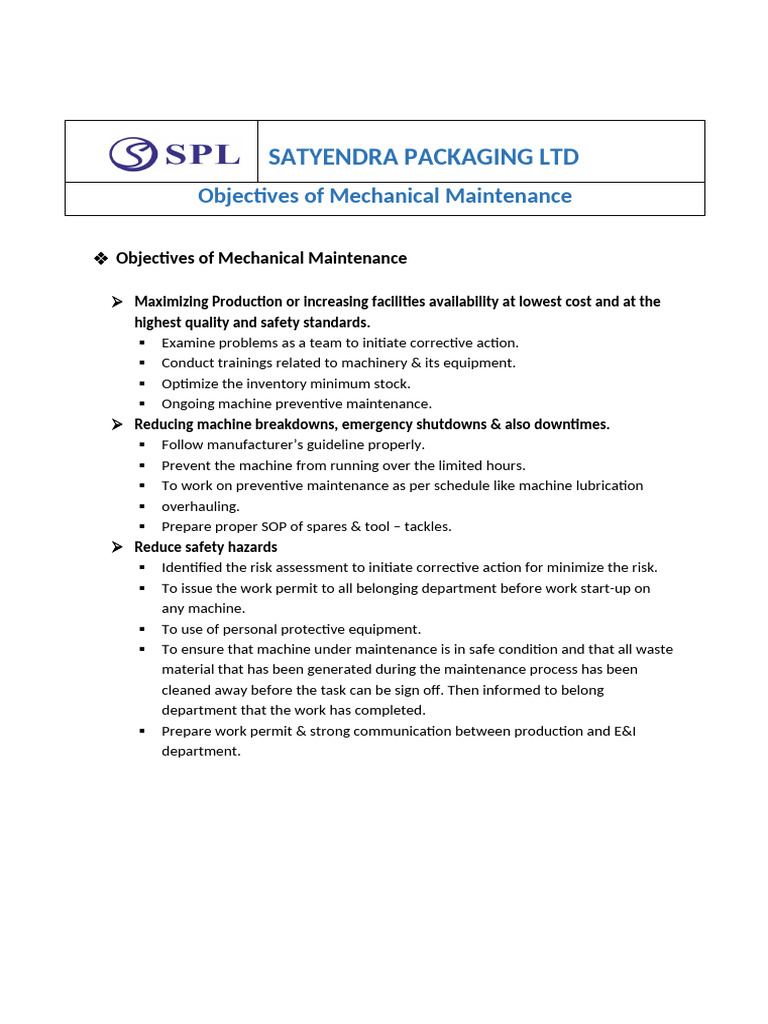 Mechanical Maintenance Objectives Guide | PDF